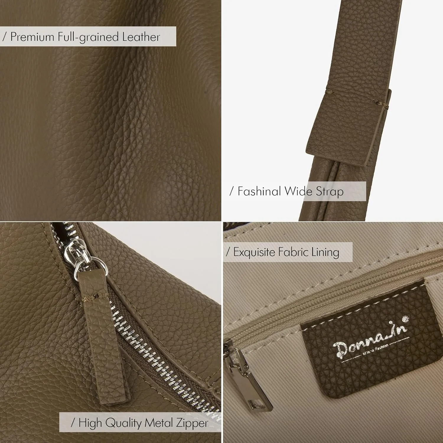 Full Grained Real Leather Hobo Bags for Women，Women's Crescent Handbag with Wide Shoulder Strap
