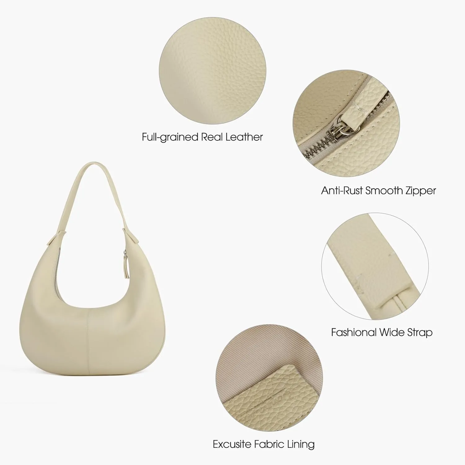 Full Grained Real Leather Hobo Bags for Women，Women's Crescent Handbag with Wide Shoulder Strap