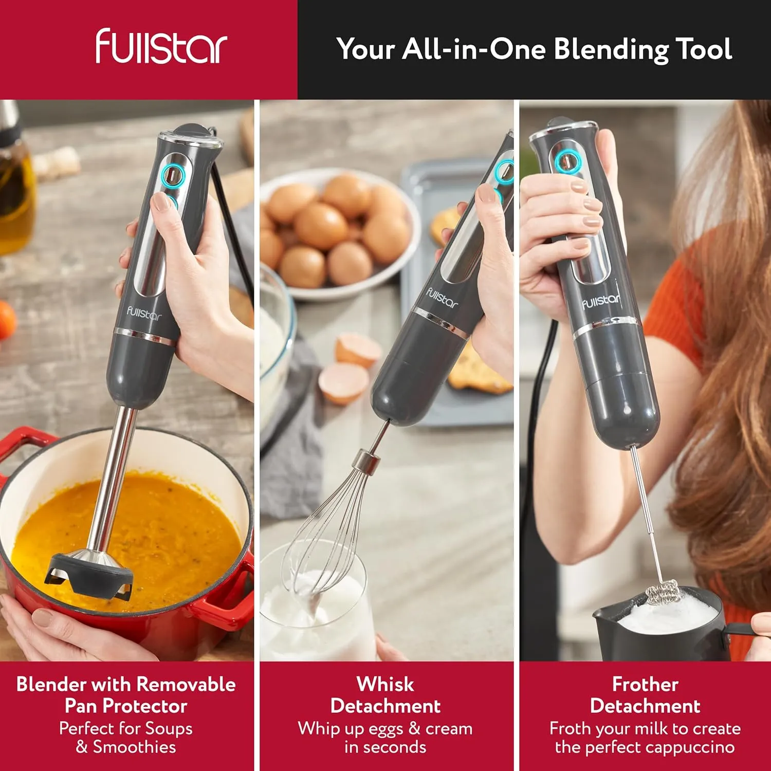 fullstar Immersion Blender Set, 9-Speed 500W Handheld Electric Hand Mixer, Smoothie Blender (3-in-1, Gray)