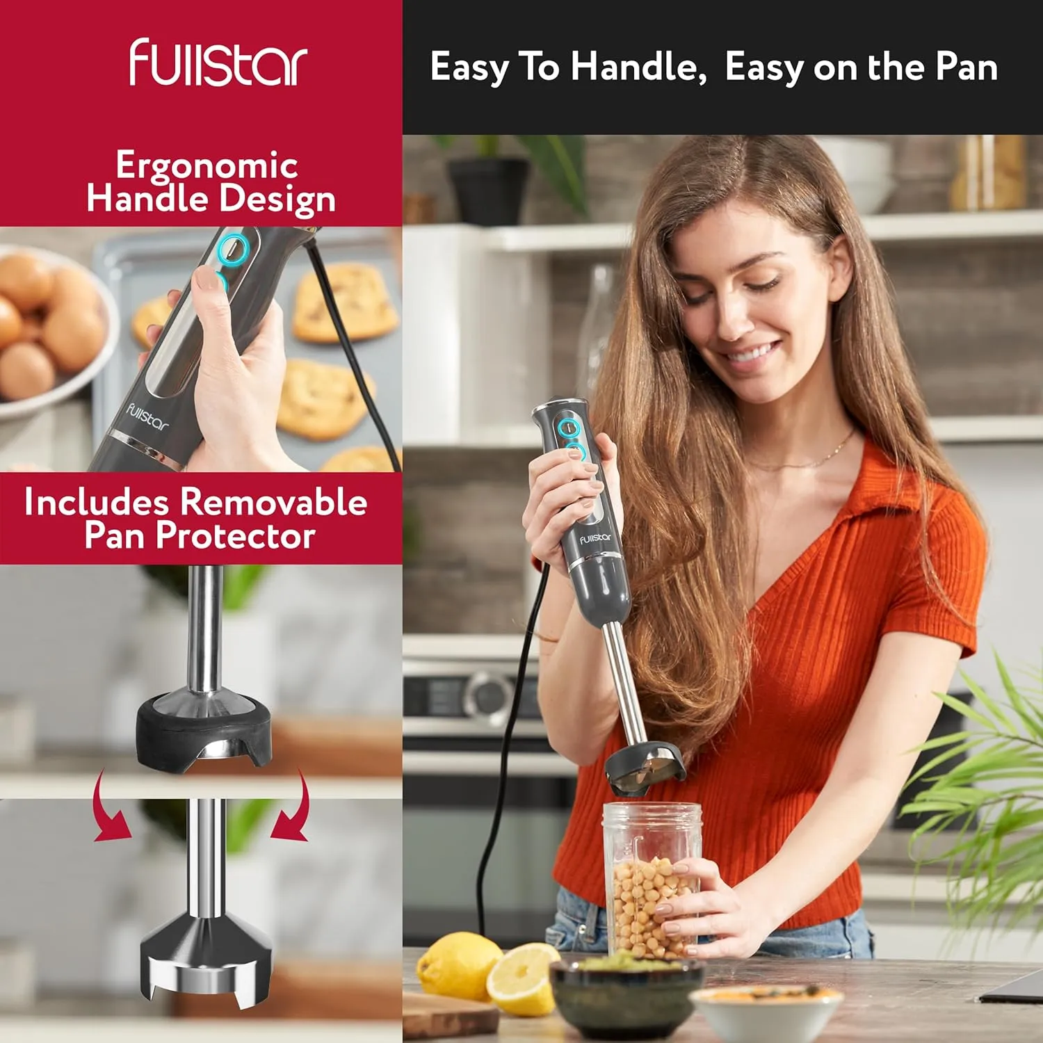 fullstar Immersion Blender Set, 9-Speed 500W Handheld Electric Hand Mixer, Smoothie Blender (3-in-1, Gray)