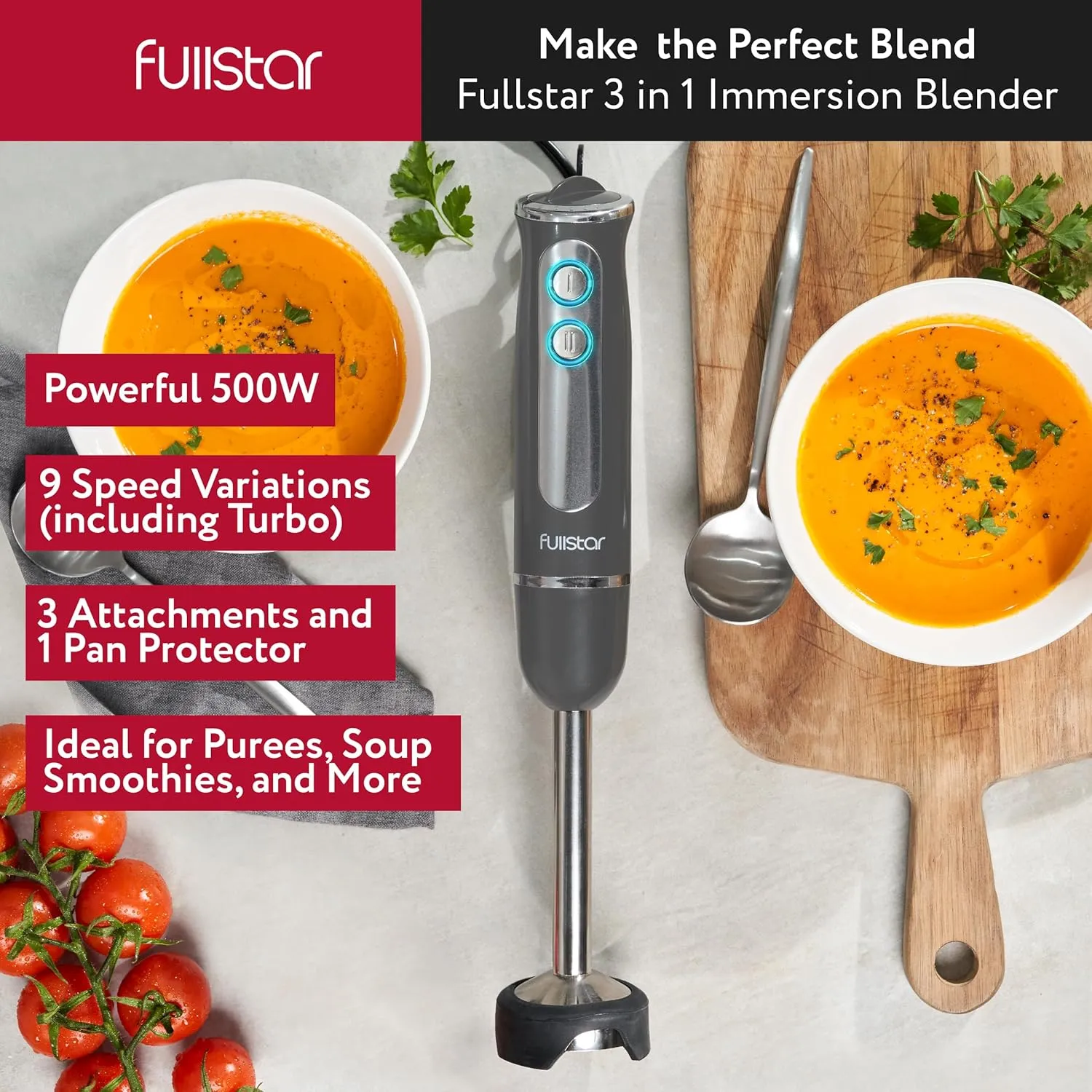 fullstar Immersion Blender Set, 9-Speed 500W Handheld Electric Hand Mixer, Smoothie Blender (3-in-1, Gray)