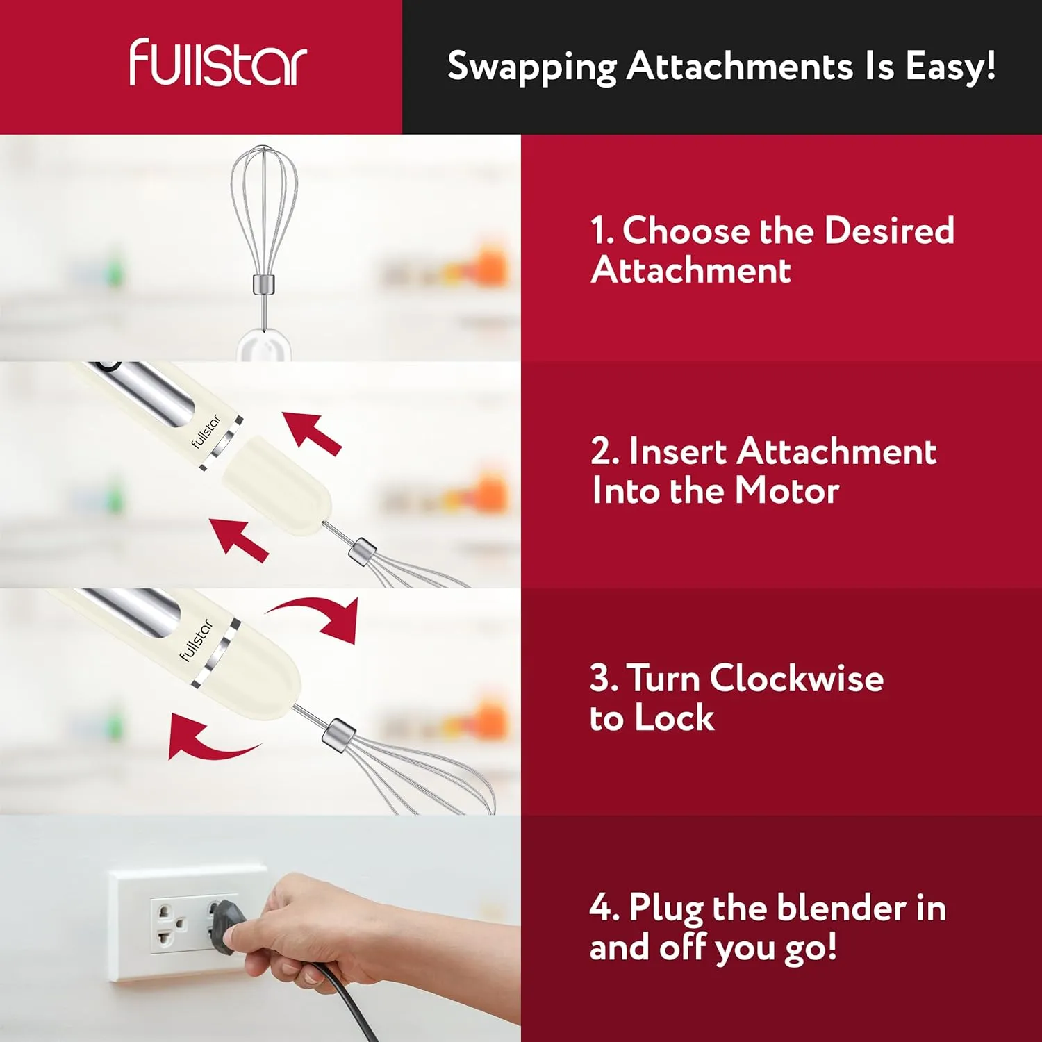 fullstar Immersion Blender Set, 9-Speed 500W Handheld Electric Hand Mixer, Smoothie Blender (3-in-1, White)