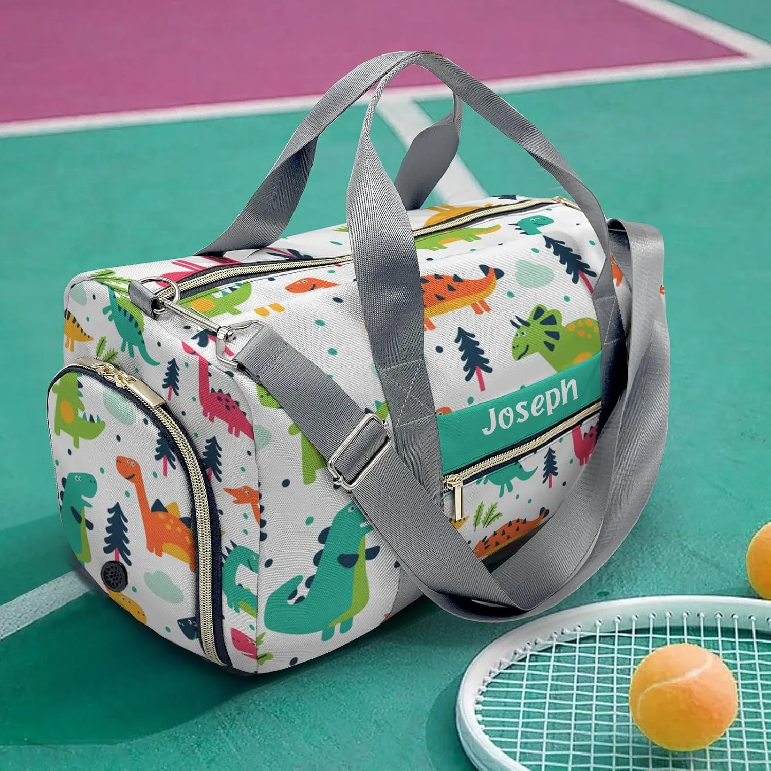 Funny Dinosaurs Personalized Sport Duffel Bag Custom Name Travel Gymnastics Sports Gym Dance Training Weekend Bag for Women Men