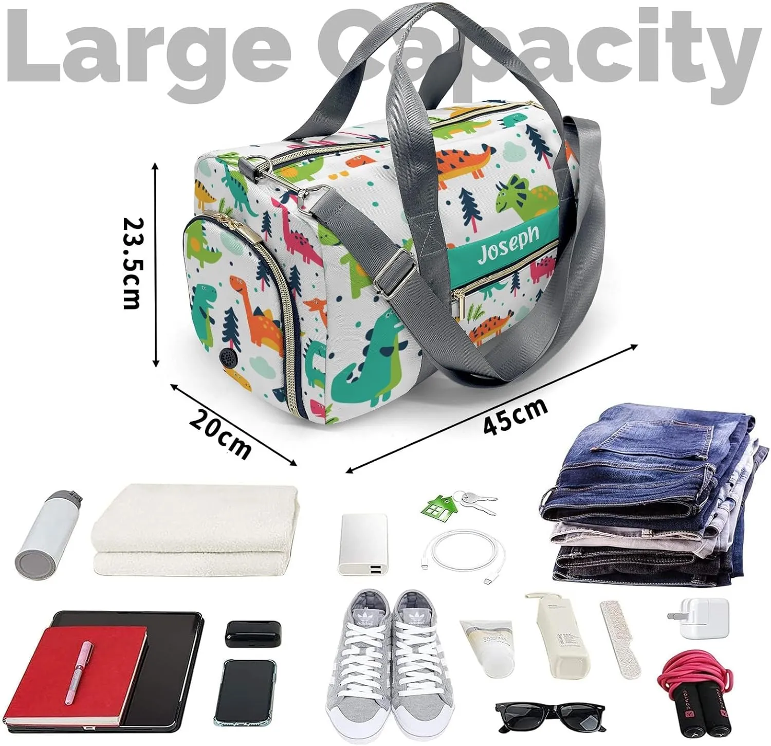 Funny Dinosaurs Personalized Sport Duffel Bag Custom Name Travel Gymnastics Sports Gym Dance Training Weekend Bag for Women Men
