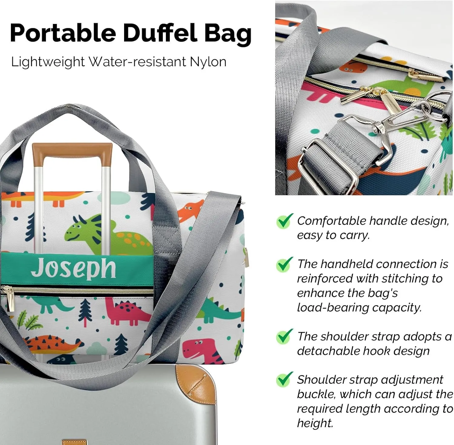 Funny Dinosaurs Personalized Sport Duffel Bag Custom Name Travel Gymnastics Sports Gym Dance Training Weekend Bag for Women Men
