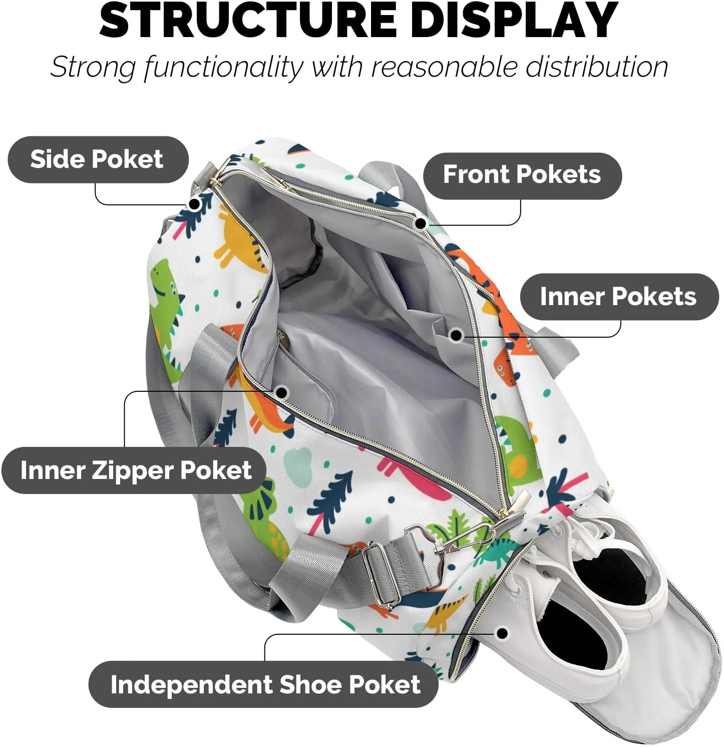 Funny Dinosaurs Personalized Sport Duffel Bag Custom Name Travel Gymnastics Sports Gym Dance Training Weekend Bag for Women Men