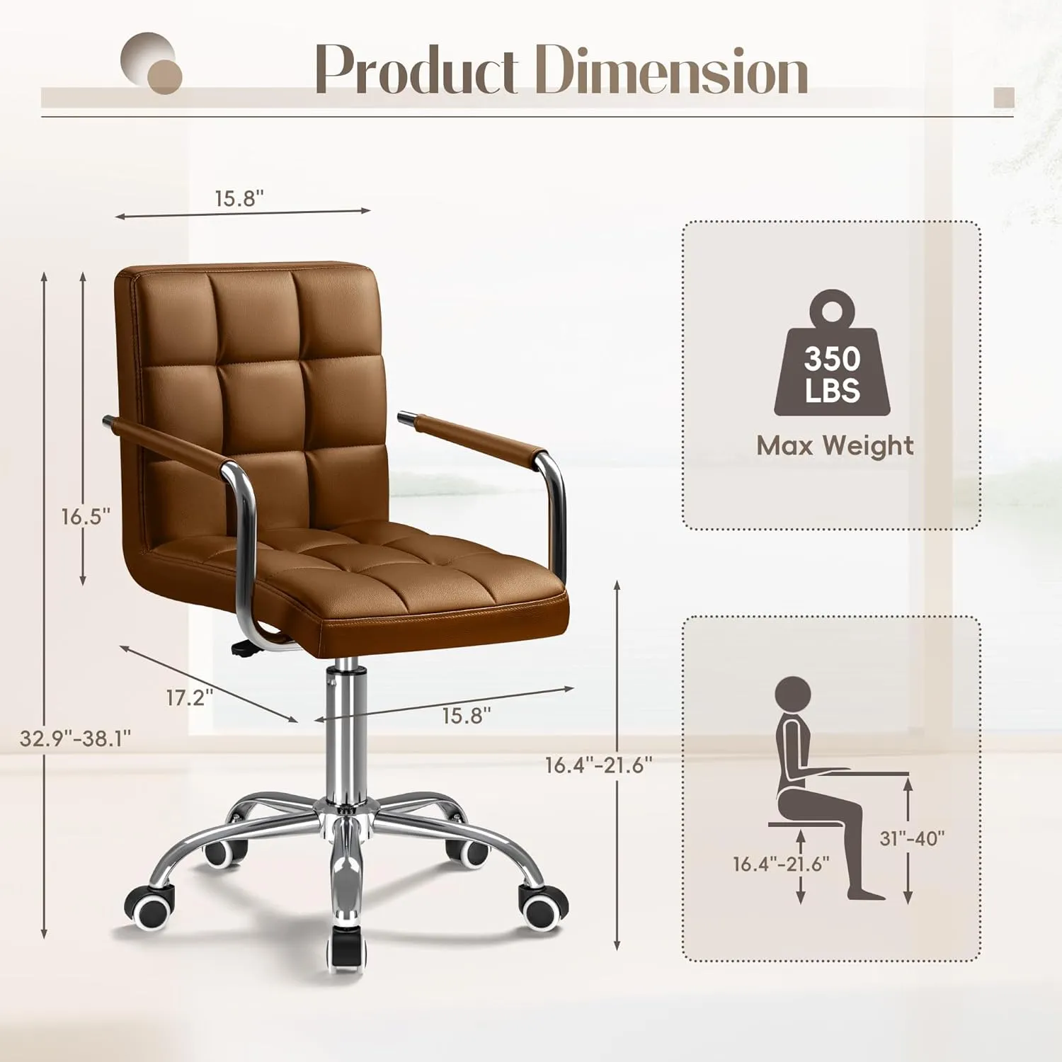 Furmax Mid-Back Office Task Chair Ribbed PU Leather Executive Chair Modern Adjustable Home Desk Chair Retro Comfortable Work Chair 360 Degree Swivel with Arms (Brown)