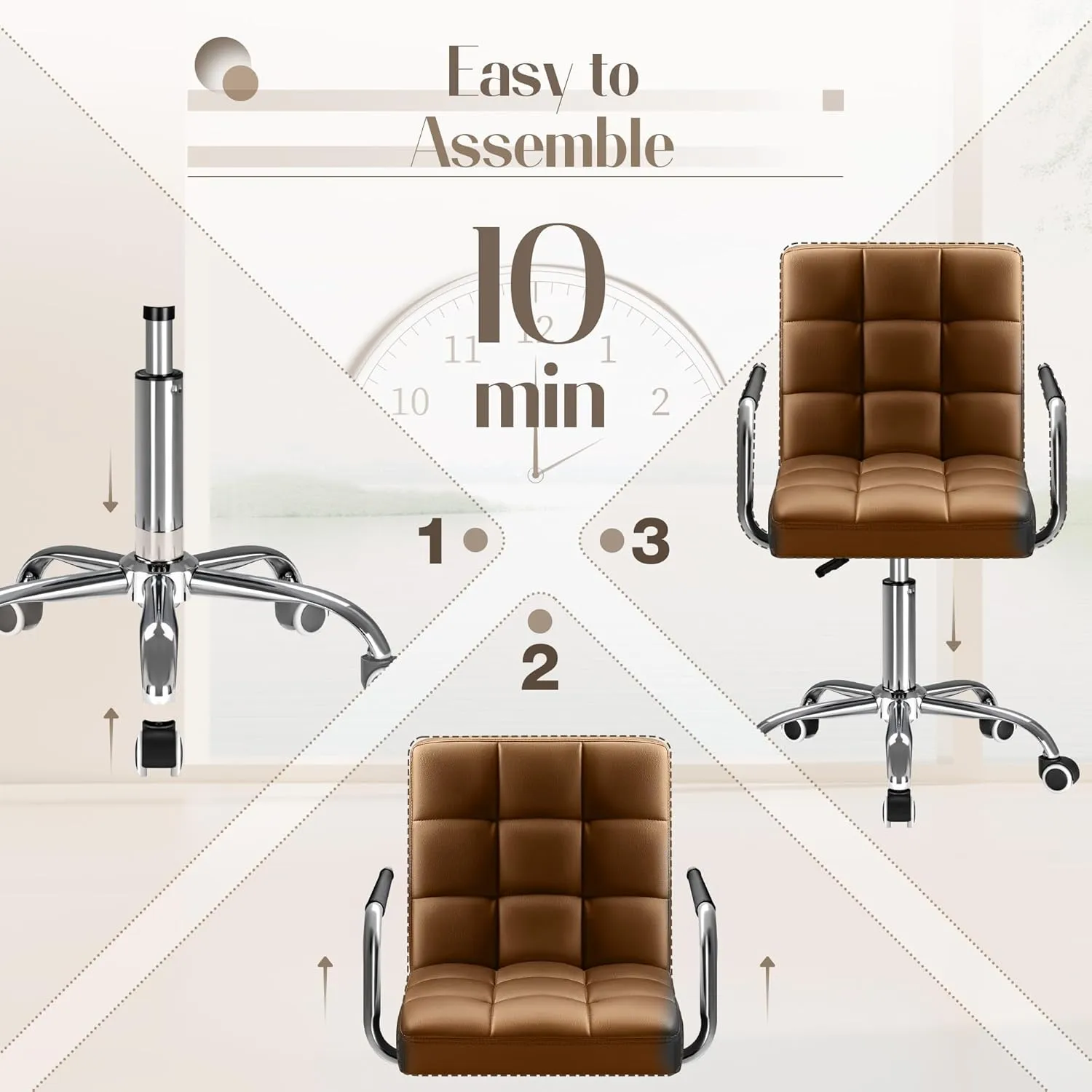 Furmax Mid-Back Office Task Chair Ribbed PU Leather Executive Chair Modern Adjustable Home Desk Chair Retro Comfortable Work Chair 360 Degree Swivel with Arms (Brown)