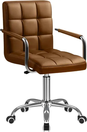 Furmax Mid-Back Office Task Chair Ribbed PU Leather Executive Chair Modern Adjustable Home Desk Chair Retro Comfortable Work Chair 360 Degree Swivel with Arms (Brown)
