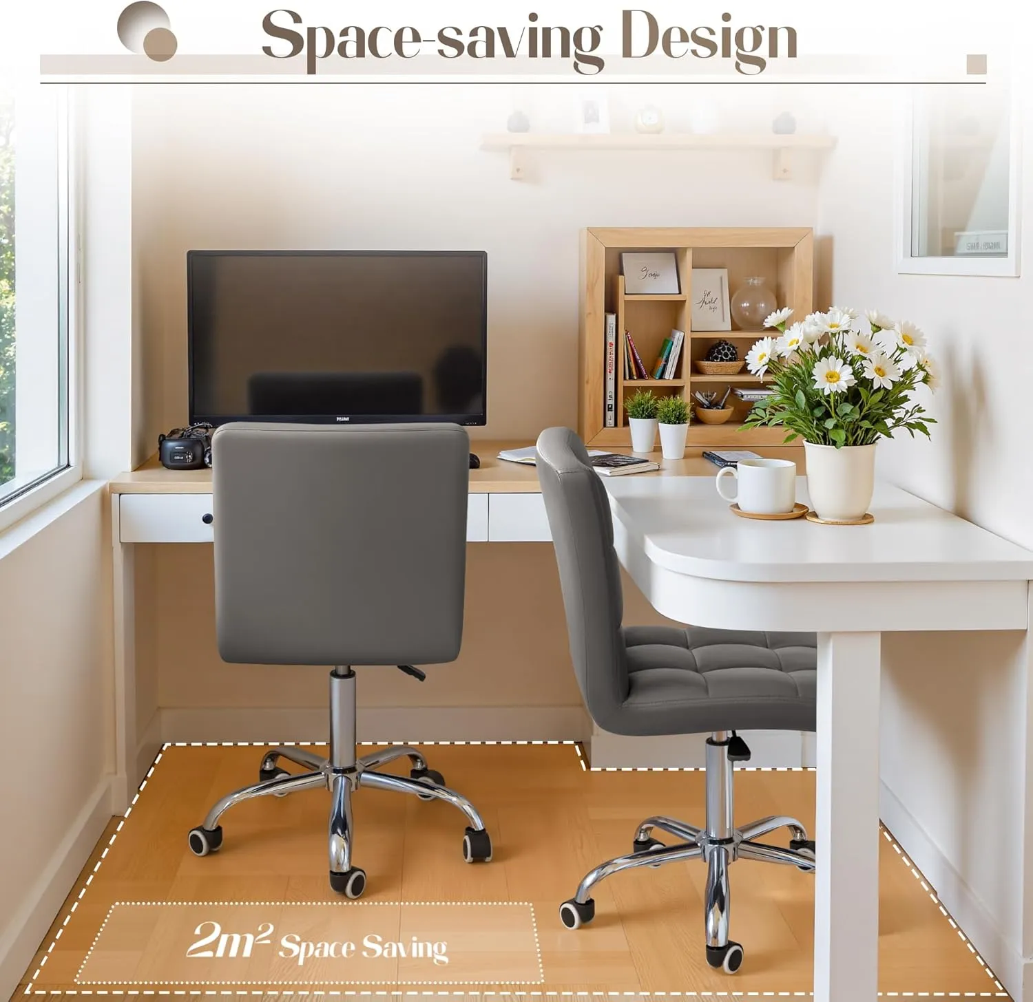 Furmax Mid-Back Office Task Chair Ribbed PU Leather Executive Chair Modern Adjustable Home Desk Chair Retro Comfortable Work Chair 360 Degree Swivel with Arms (Grey)