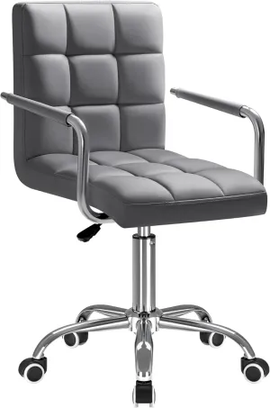 Furmax Mid-Back Office Task Chair Ribbed PU Leather Executive Chair Modern Adjustable Home Desk Chair Retro Comfortable Work Chair 360 Degree Swivel with Arms (Grey)