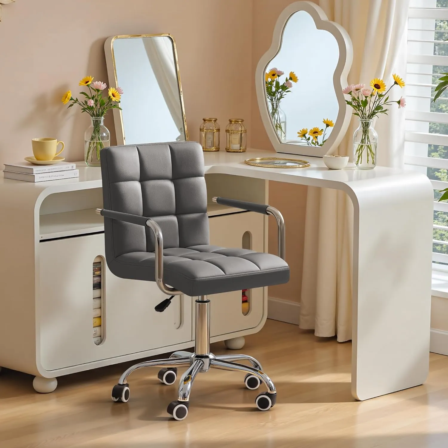 Furmax Mid-Back Office Task Chair Ribbed PU Leather Executive Chair Modern Adjustable Home Desk Chair Retro Comfortable Work Chair 360 Degree Swivel with Arms (Grey)
