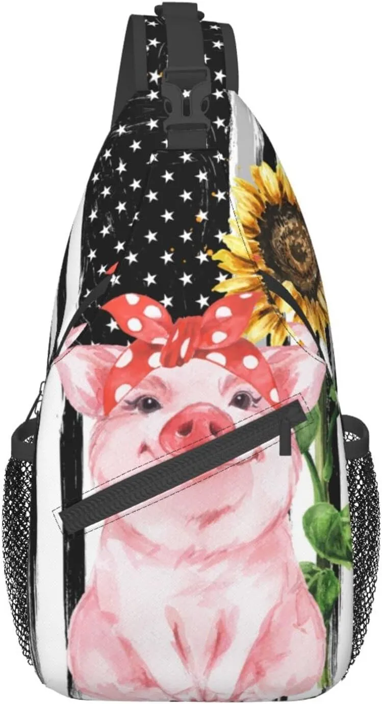 Fylybois Pig Sunflower Sling Bag For Men Women Crossbody Chest Backpack Daypack Shoulder Bags