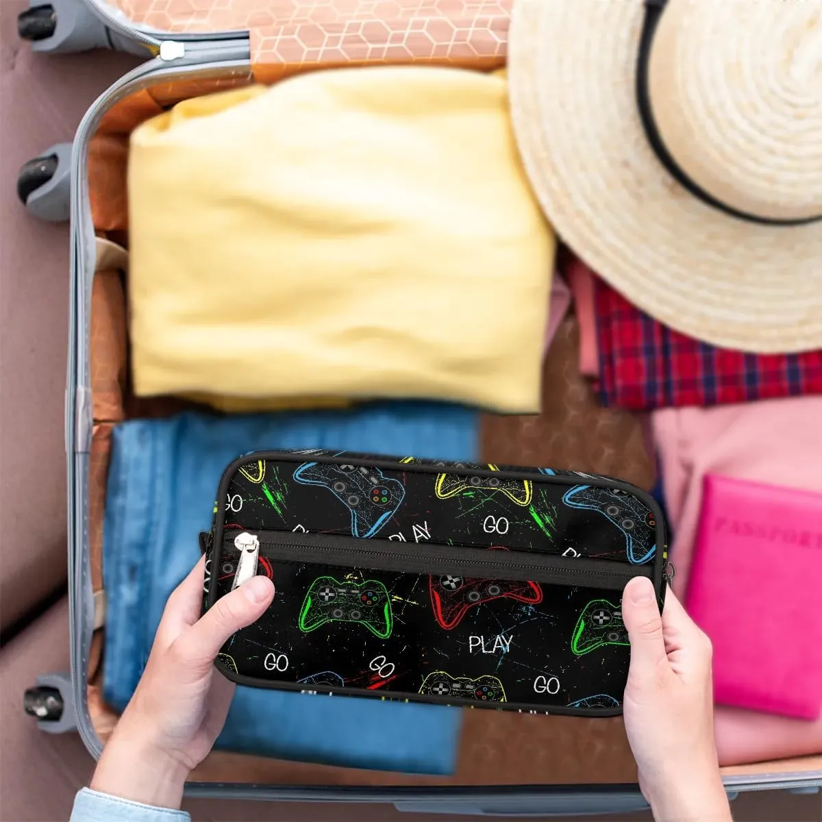 Gamer Gamepad Kids Travel Toiletry Bag, Waterproof Hanging Dopp Kit for Teens Boys, Cool Switch Carrying Case Compatible with Nintendo Switch and New Switch OLED Console