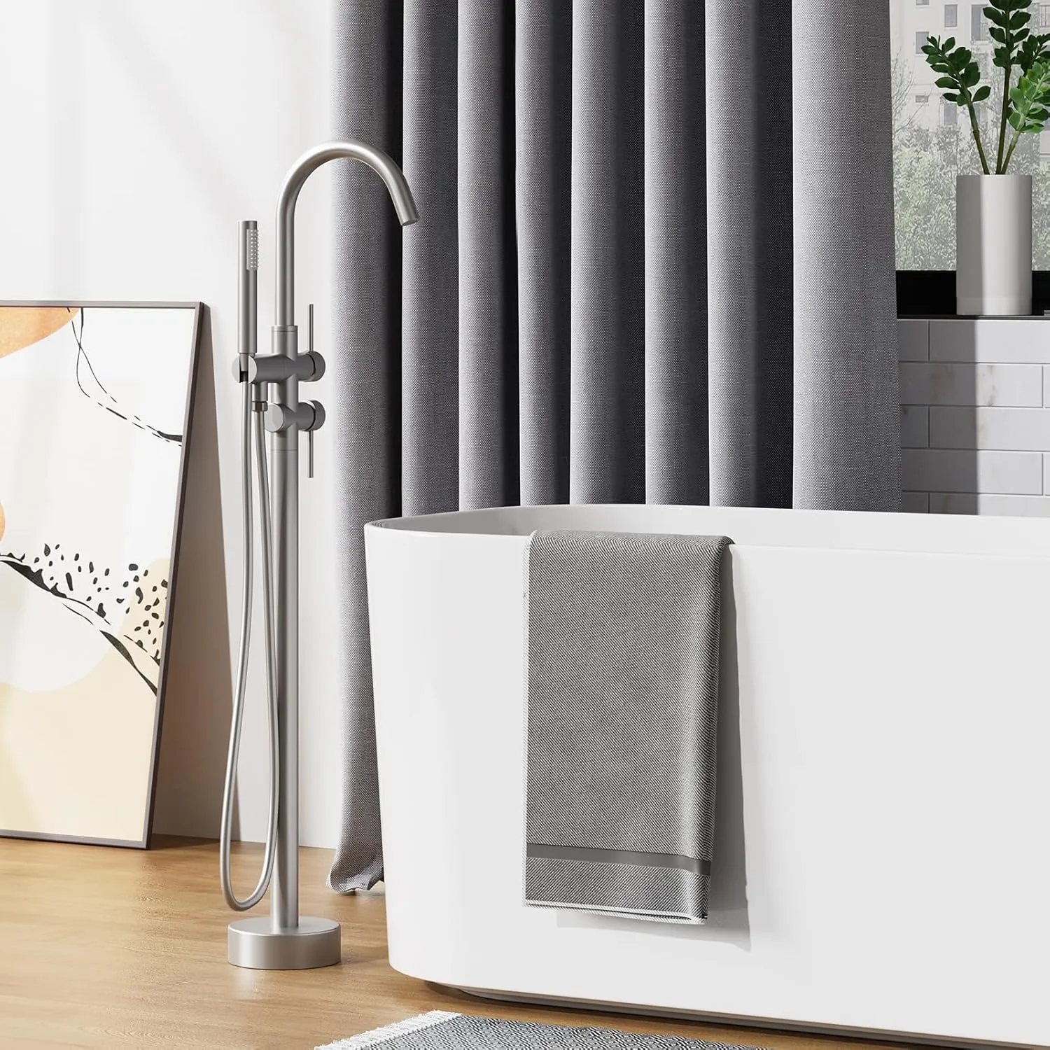 GAOMON Freestanding Bathtub Faucet Brushed Nickel Floor Mount Tub Filler Standing High Flow Shower Faucets with Handheld Shower Mixer Taps Swivel Spout