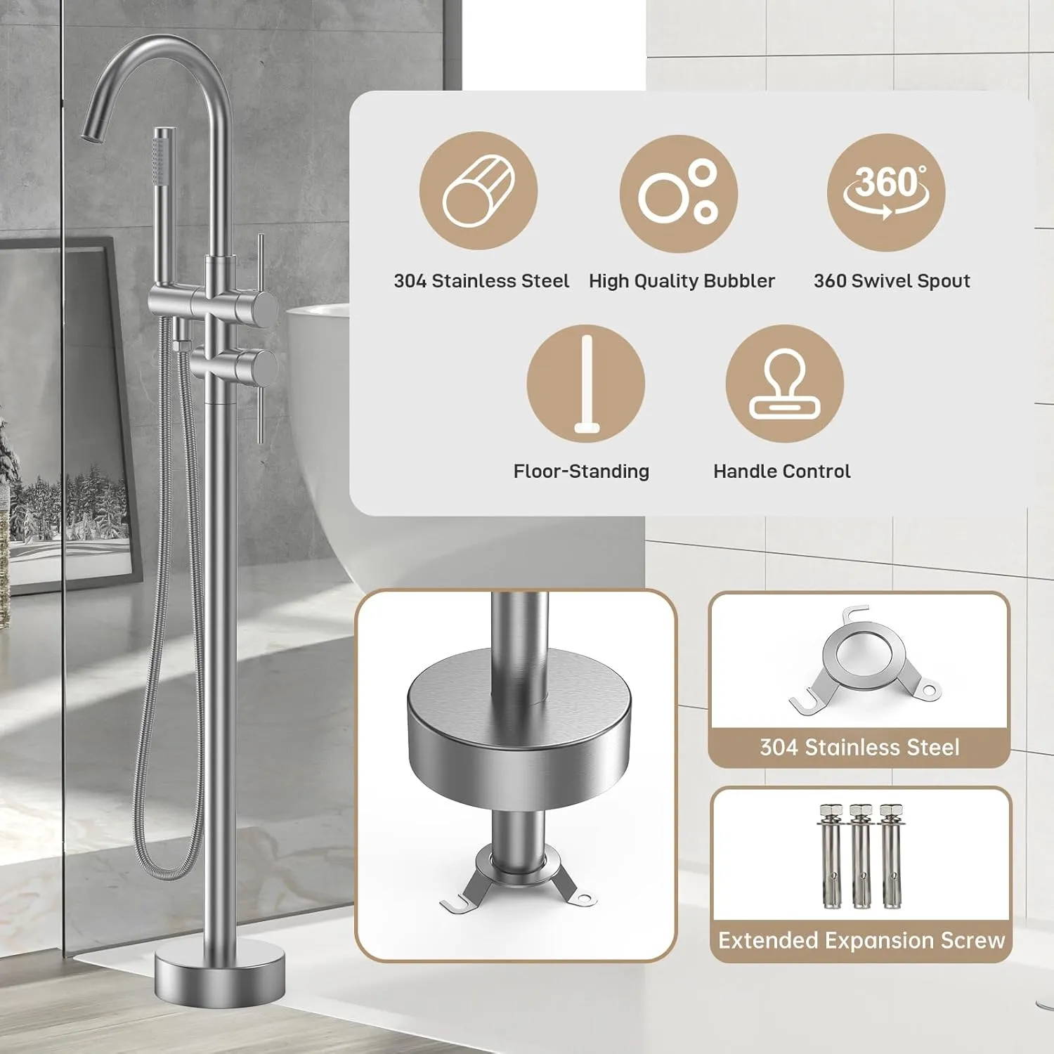 GAOMON Freestanding Bathtub Faucet Brushed Nickel Floor Mount Tub Filler Standing High Flow Shower Faucets with Handheld Shower Mixer Taps Swivel Spout