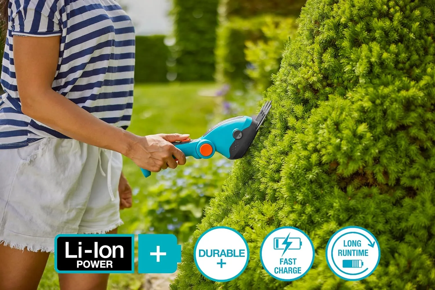 GARDENA (09887) Cordless Hedge Trimmer and Grass Shears, Electric Garden Tools for Battery Trimming of Lawn Edges, Shrubs, and Bushes. Handheld with 80 Min Runtime.