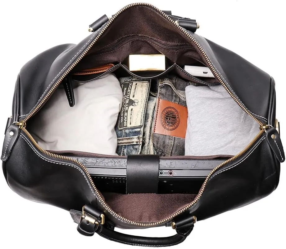 Genuine Leather Men Travel Bag Cowhide Luggage Bags Shoulder Bag Weekend Bag Overnight Gym Sports Carry On Duffel Bag (Black)