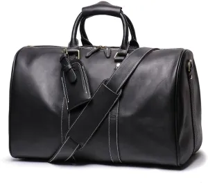 Genuine Leather Men Travel Bag Cowhide Luggage Bags Shoulder Bag Weekend Bag Overnight Gym Sports Carry On Duffel Bag (Black)