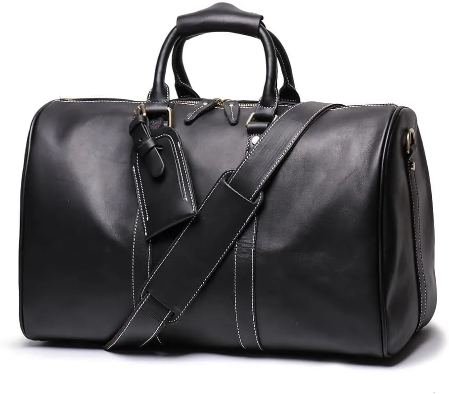 Genuine Leather Men Travel Bag Cowhide Luggage Bags Shoulder Bag Weekend Bag Overnight Gym Sports Carry On Duffel Bag (Black)