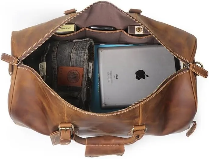 Genuine Leather Men Travel Bag Cowhide Luggage Bags Shoulder Bag Weekend Bag Overnight Gym Sports Carry On Duffel Bag (Brown-Large with shoe compartment)