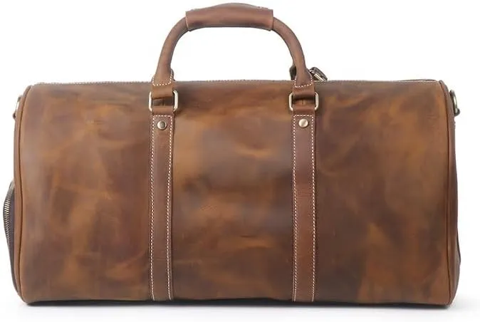 Genuine Leather Men Travel Bag Cowhide Luggage Bags Shoulder Bag Weekend Bag Overnight Gym Sports Carry On Duffel Bag (Brown-Large with shoe compartment)