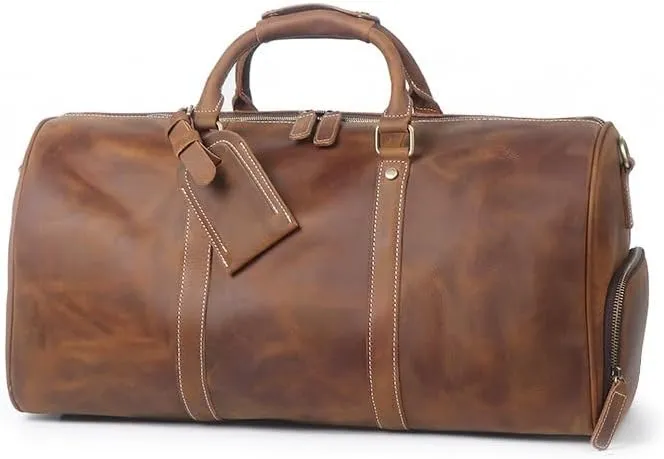 Genuine Leather Men Travel Bag Cowhide Luggage Bags Shoulder Bag Weekend Bag Overnight Gym Sports Carry On Duffel Bag (Brown-Large with shoe compartment)