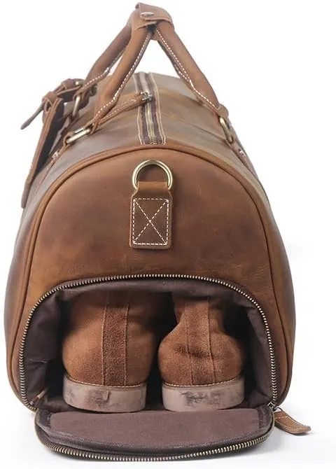 Genuine Leather Men Travel Bag Cowhide Luggage Bags Shoulder Bag Weekend Bag Overnight Gym Sports Carry On Duffel Bag (Brown-Large with shoe compartment)