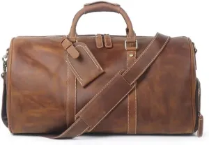 Genuine Leather Men Travel Bag Cowhide Luggage Bags Shoulder Bag Weekend Bag Overnight Gym Sports Carry On Duffel Bag (Brown-Large with shoe compartment)