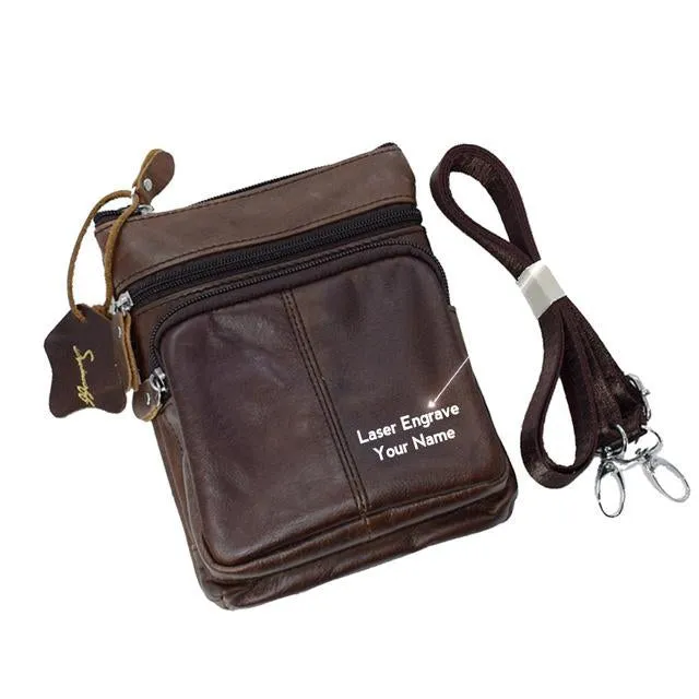 Genuine Leather Messenger Bag Men Laser Engraving Logo Gift Handbags Zipper Pockets Small Leisure Genuine Leather Bag Male