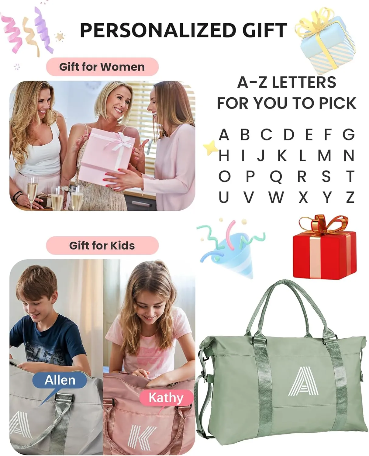 Gifts for Women, Initial Travel Duffel Bag, Sports Bag, Personalized Weekender Bag with Shoulder Strap, Monogram Overnight Bag, Gift for Friend Birthday Gift for Moms (Letter T)