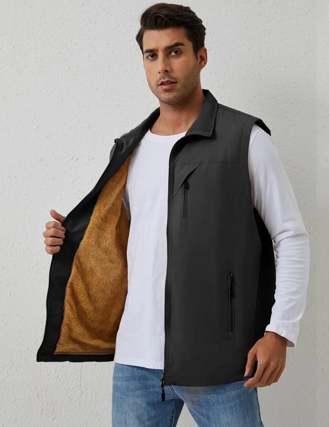Gihuo Men's Sherpa Lined Fleece Vest Winter Fishing Travel Utility Vest Gilet