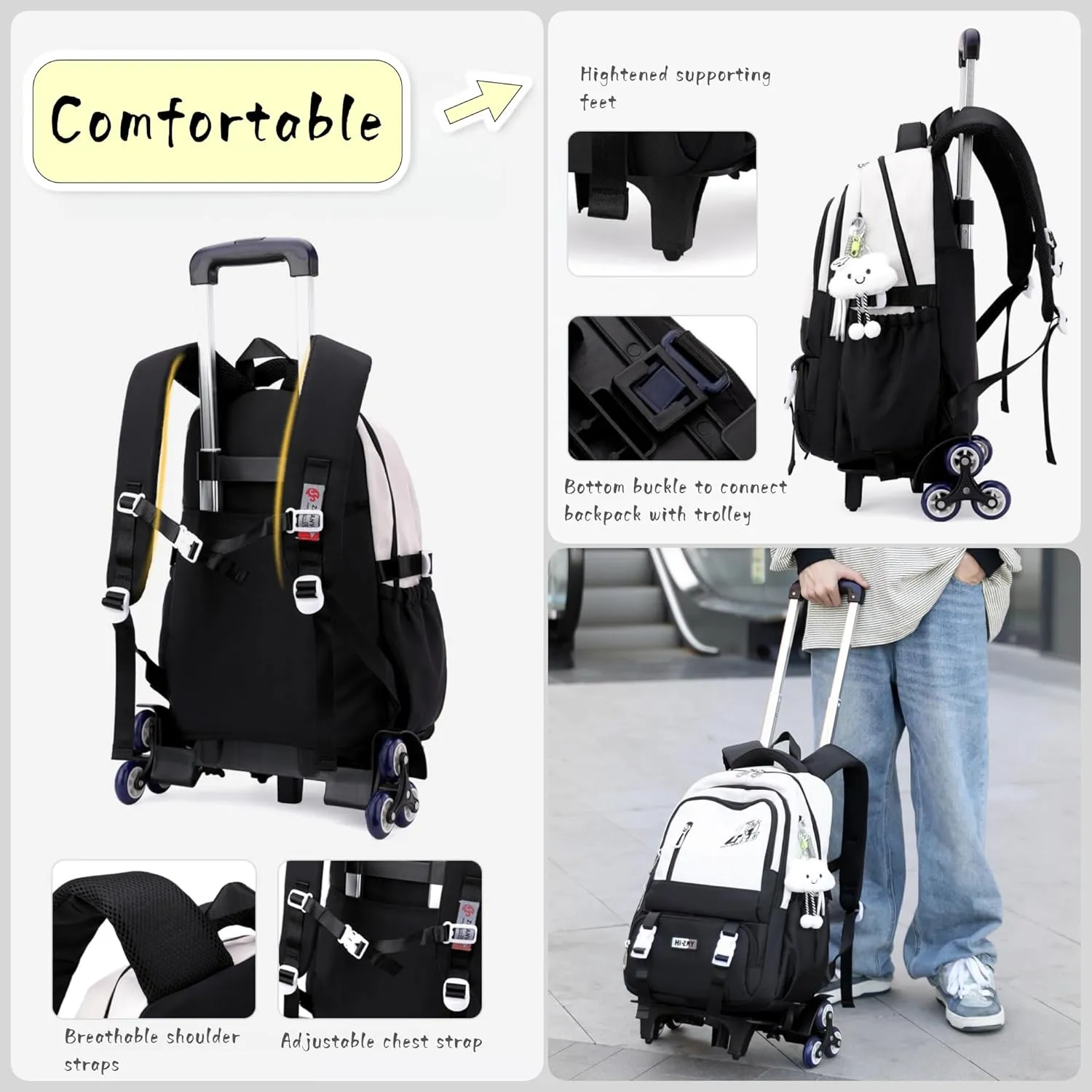 Girls Boys Rolling Backpack, Elementary Middle School Kids Bookbag Roller Backpack for Boys Girls with 6 Wheels, White