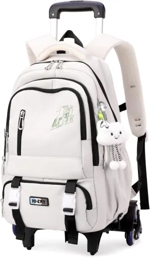 Girls Boys Rolling Backpack, Elementary Middle School Kids Bookbag Roller Backpack for Boys Girls with 6 Wheels, White