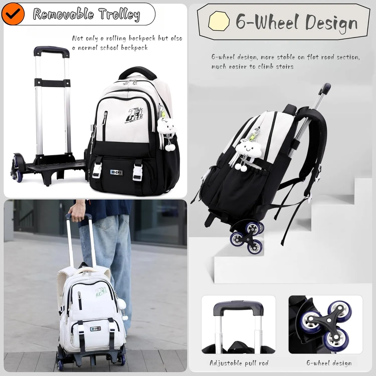 Girls Boys Rolling Backpack, Elementary Middle School Kids Bookbag Roller Backpack for Boys Girls with 6 Wheels, White