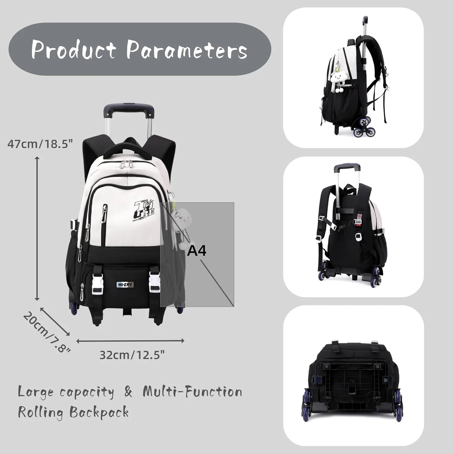 Girls Boys Rolling Backpack, Elementary Middle School Kids Bookbag Roller Backpack for Boys Girls with 6 Wheels, White