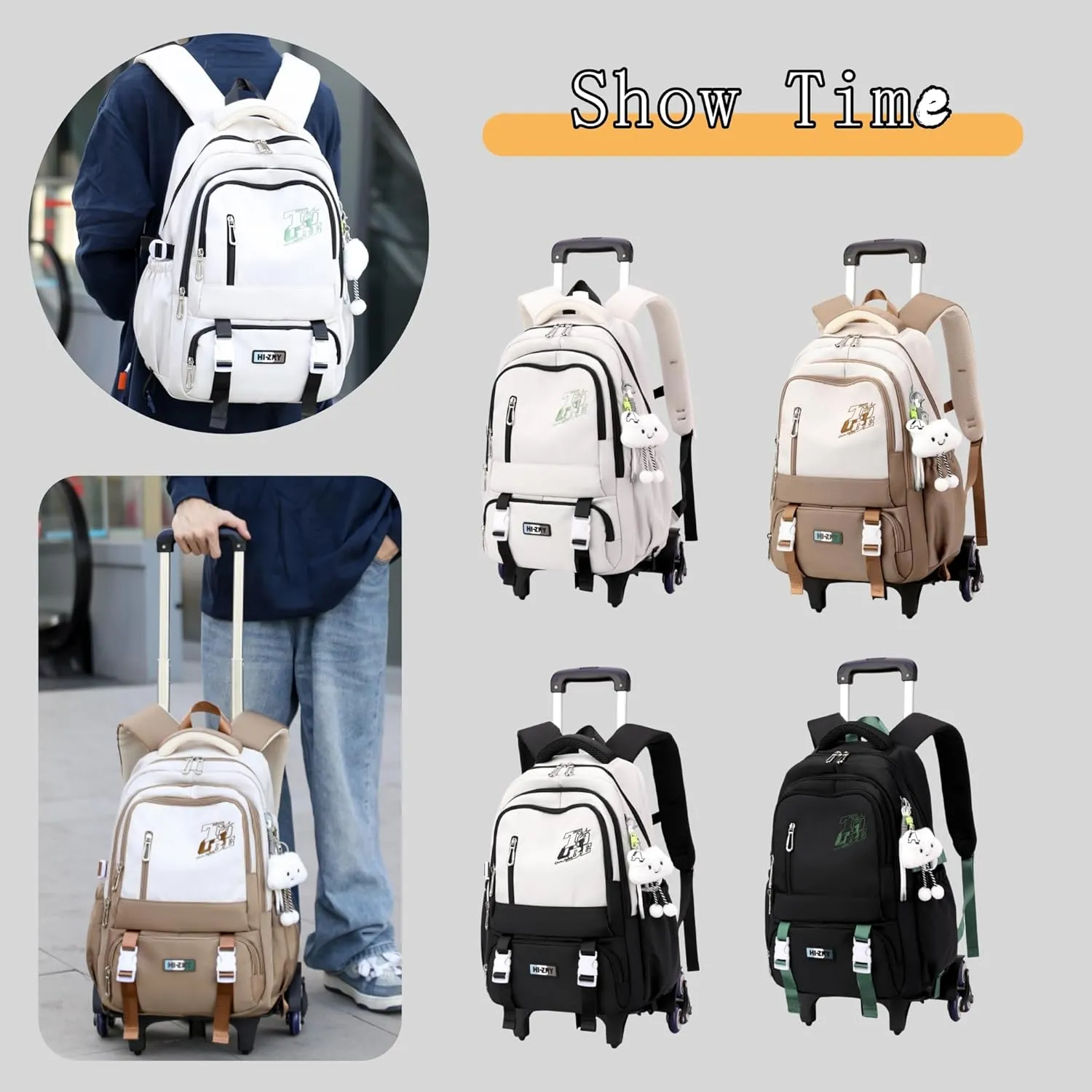 Girls Boys Rolling Backpack, Elementary Middle School Kids Bookbag Roller Backpack for Boys Girls with 6 Wheels, White