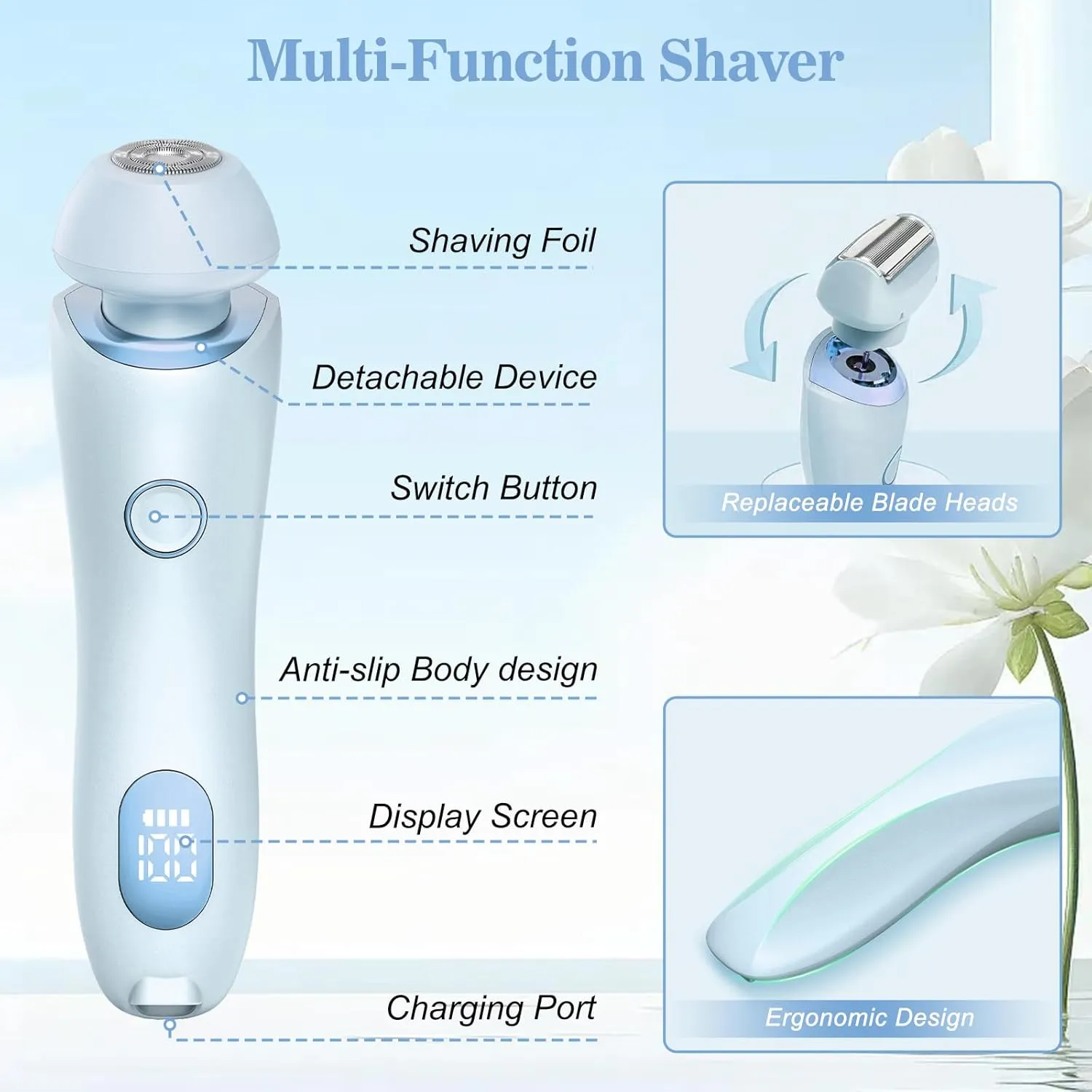 Glide Pro 3.0 Razor for Women, 2 in 1 Dusk Electric Shaver, Rechargeable Wet & Dry Dusk Shaver with 2 Detachable Heads, Painless Dusk Official Razor for Bikini, Legs, Underarms, Body (Blue)