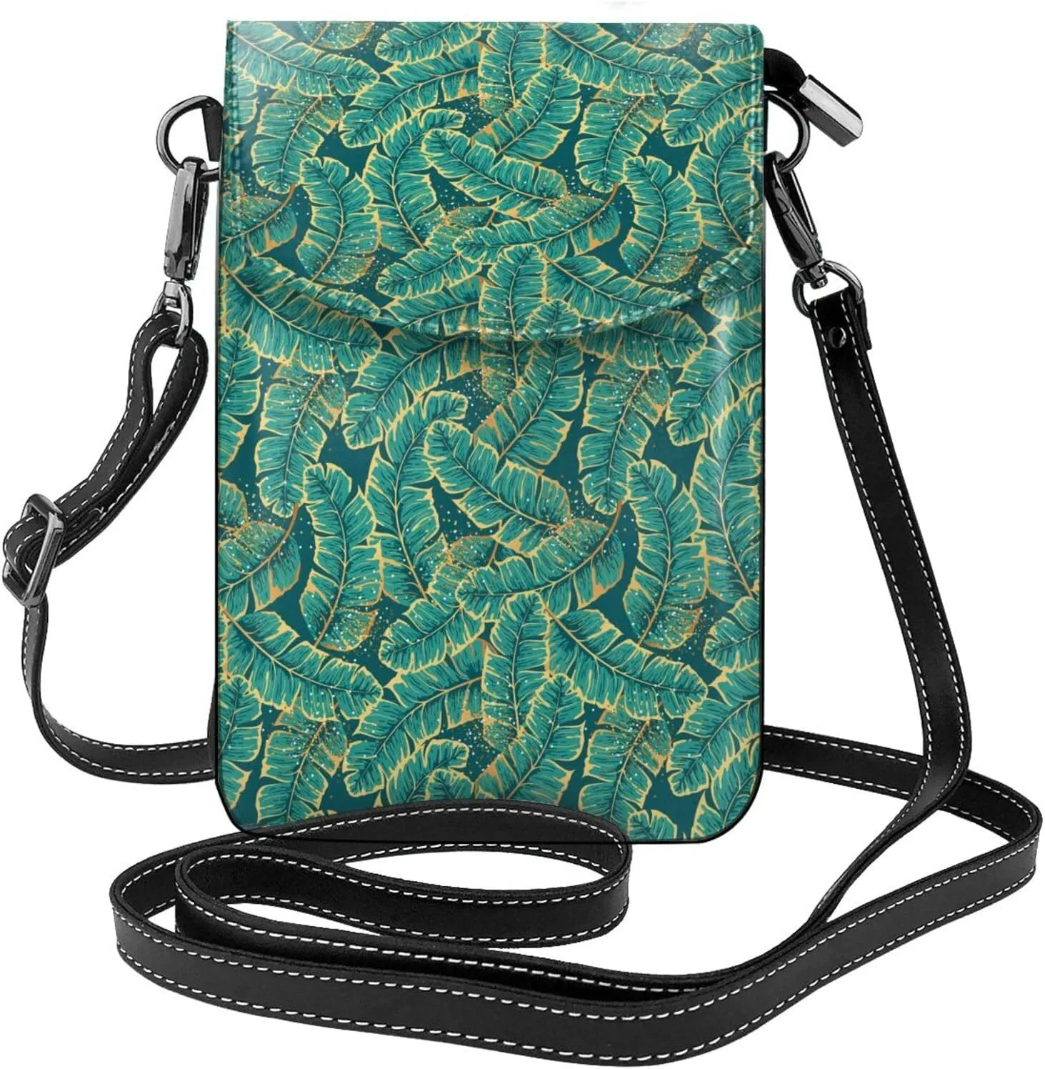 Gold and Green Tropic Leaves Print Small Crossbody Bags for Women Leather Cell Phone Purses Mini Leather Shoulder Handbag Adjustable Strap
