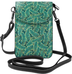 Gold and Green Tropic Leaves Print Small Crossbody Bags for Women Leather Cell Phone Purses Mini Leather Shoulder Handbag Adjustable Strap