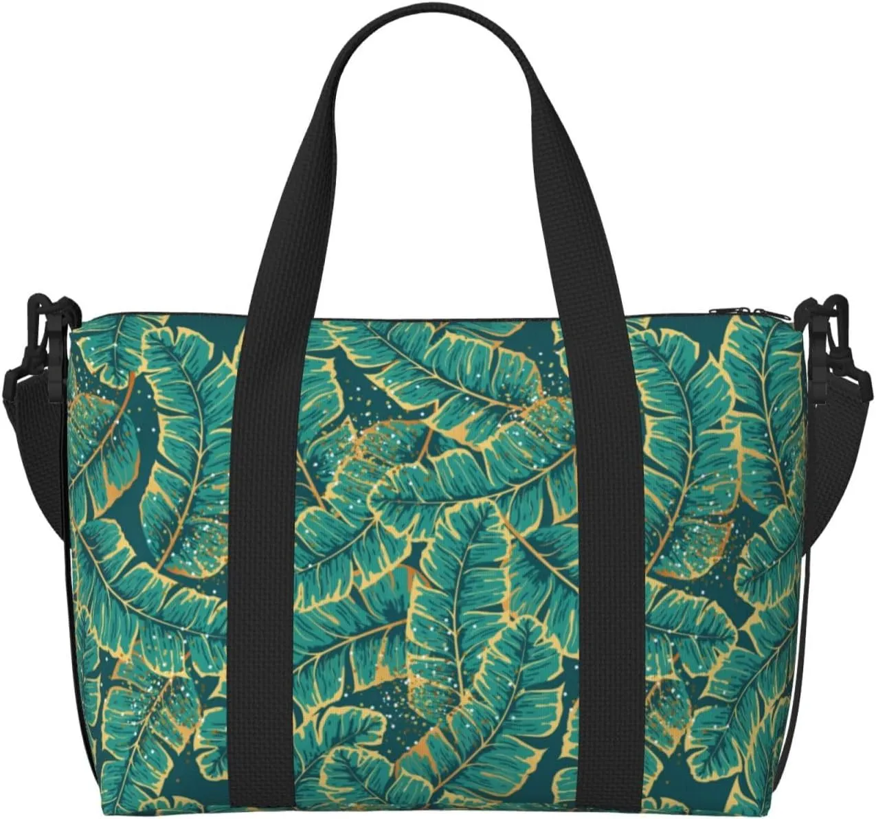 Gold and Green Tropic Leaves Travel Bag for Women Men Weekender Bags Carry on Overnight Bag Tote Bag Yoga Gym Bag for Gym, Work, Travel, Weekend, Personal Items