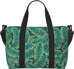 Gold and Green Tropic Leaves Travel Bag for Women Men Weekender Bags Carry on Overnight Bag Tote Bag Yoga Gym Bag for Gym, Work, Travel, Weekend, Personal Items