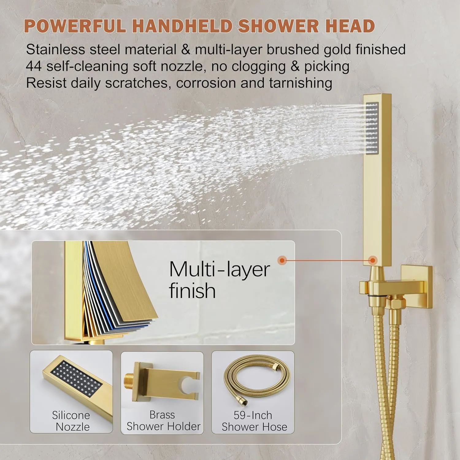 Gold Shower System, Shower Faucet Set with 10-Inch Rain Showerhead and Handheld Spray, Wall Mounted High-Pressure Showerhead Combo Set Included Valve and Trim, Brushed Gold