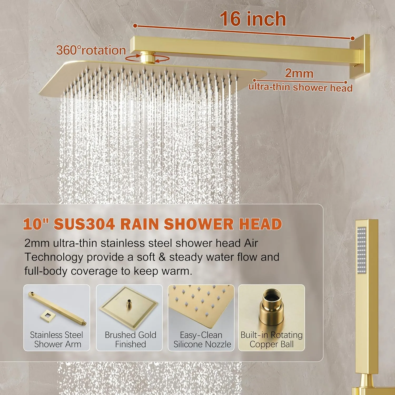 Gold Shower System, Shower Faucet Set with 10-Inch Rain Showerhead and Handheld Spray, Wall Mounted High-Pressure Showerhead Combo Set Included Valve and Trim, Brushed Gold