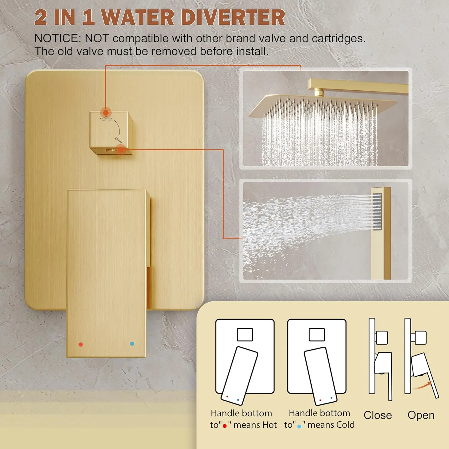 Gold Shower System, Shower Faucet Set with 10-Inch Rain Showerhead and Handheld Spray, Wall Mounted High-Pressure Showerhead Combo Set Included Valve and Trim, Brushed Gold
