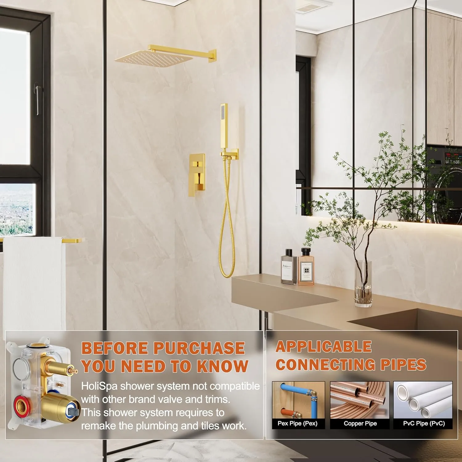 Gold Shower System, Shower Faucet Set with 10-Inch Rain Showerhead and Handheld Spray, Wall Mounted High-Pressure Showerhead Combo Set Included Valve and Trim, Brushed Gold