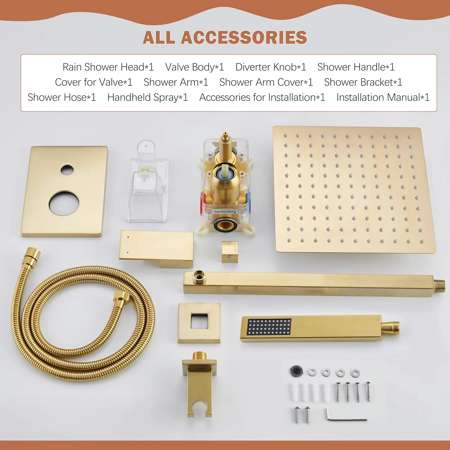 Gold Shower System, Shower Faucet Set with 10-Inch Rain Showerhead and Handheld Spray, Wall Mounted High-Pressure Showerhead Combo Set Included Valve and Trim, Brushed Gold