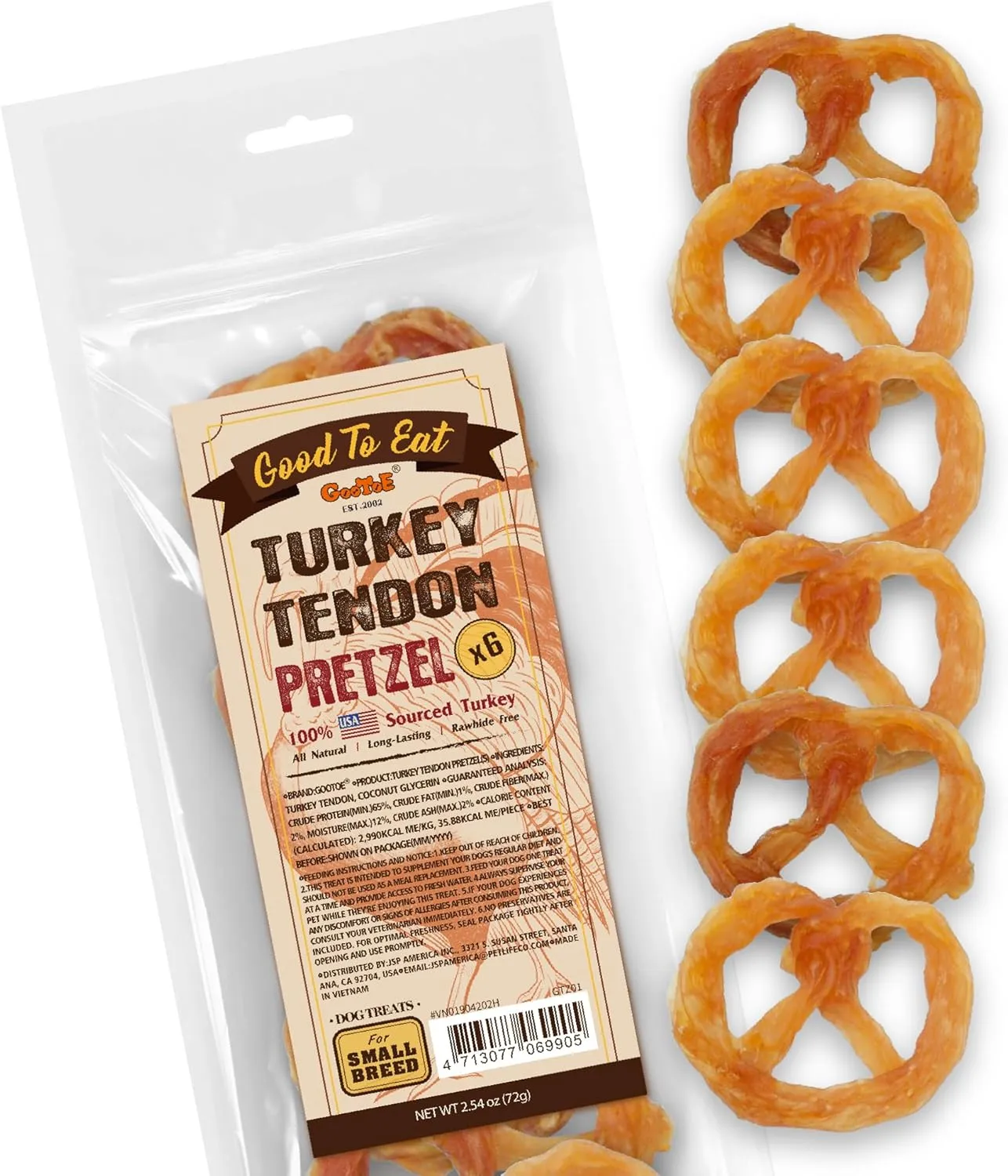 Gootoe Turkey Tendon Dog Treats, Turkey Tendon Pretzel (S) 6 Units/Pack, 100% USA-Sourced, Natural Snack, Premium Training Chews, Hypoallergenic, Reseal Value Bags, Size for Small Dogs