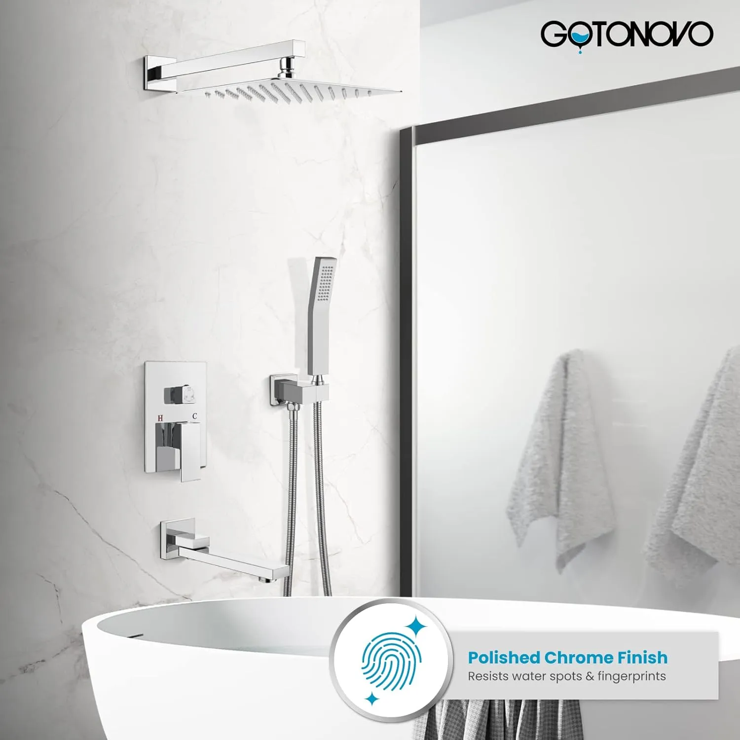 gotonovo 12 inch Bathroom Luxury 3-Function Shower Faucet Set Wall Mounted Rainfall Shower System with Tub Spout Polished Chrome Rough-in Valve Body and Trim Included with Rotating Tub Spout
