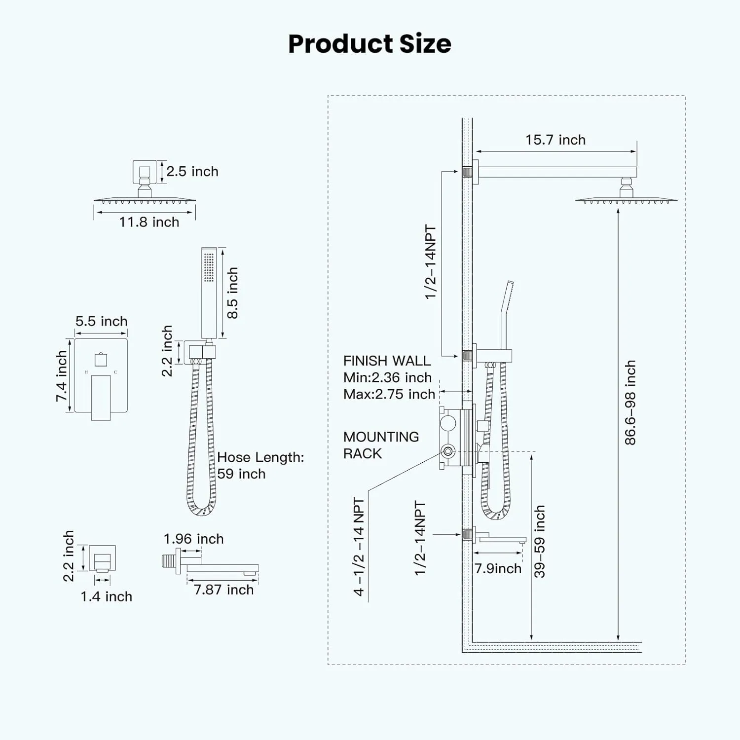 gotonovo 12 inch Bathroom Luxury 3-Function Shower Faucet Set Wall Mounted Rainfall Shower System with Tub Spout Polished Chrome Rough-in Valve Body and Trim Included with Rotating Tub Spout